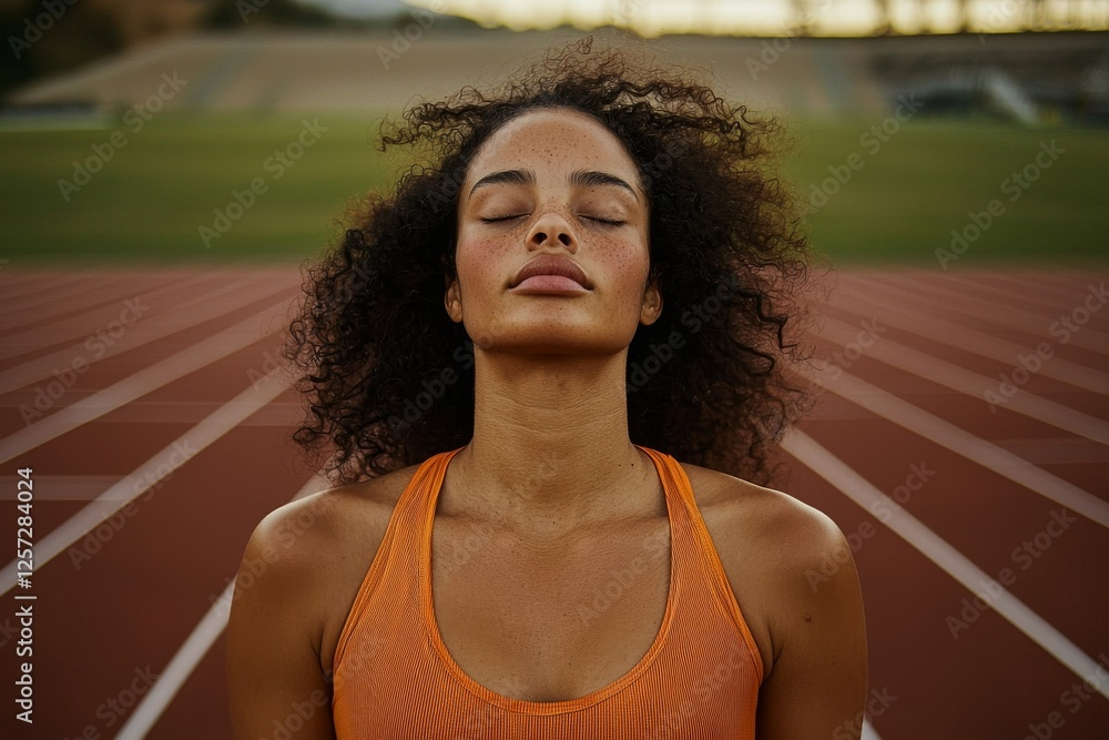 Focused athlete on track in mental preparation and visualization